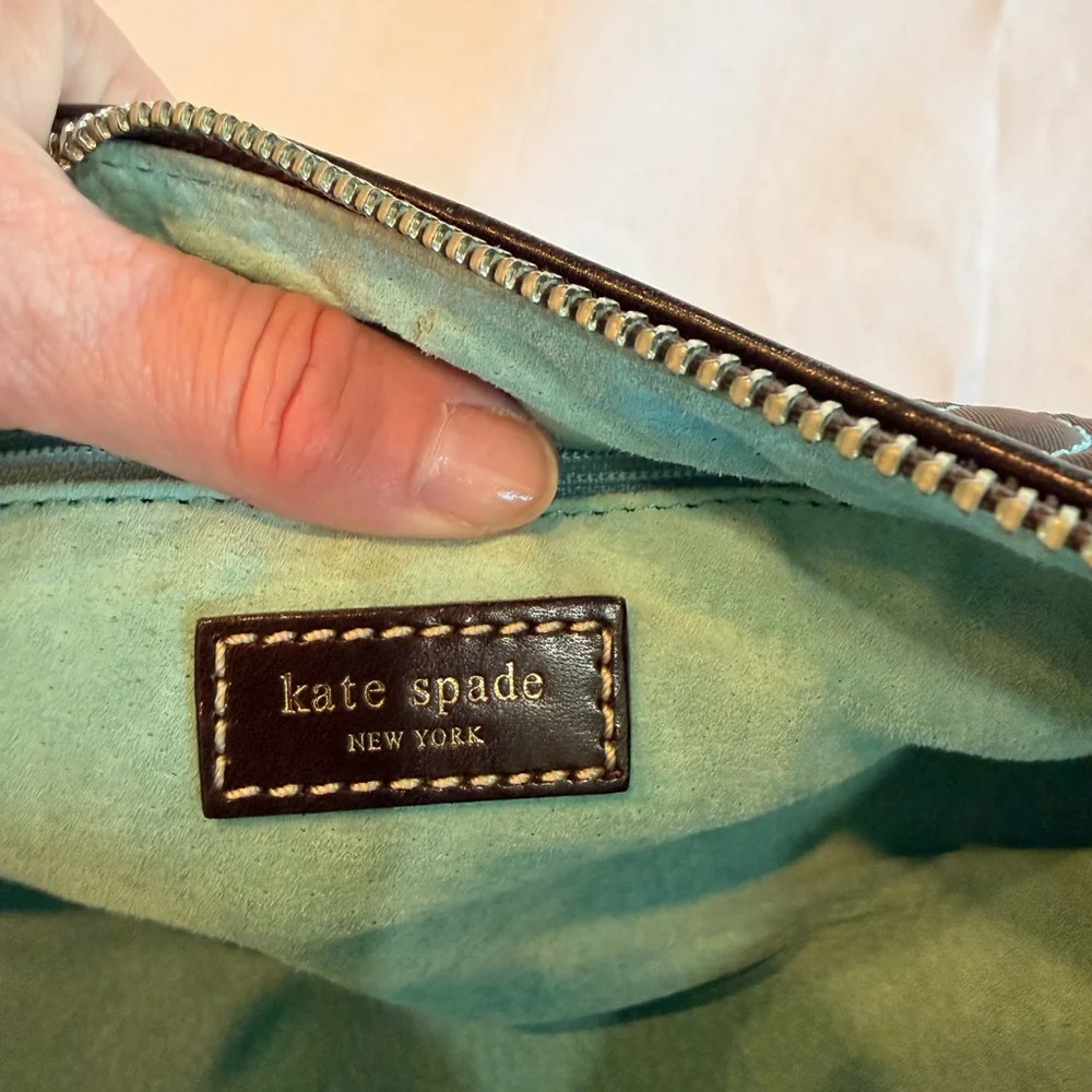 Vintage Kate Spade Dot Noel Baguette Round Shoulder Bag in Brown and Teal - Picture 7 of 12